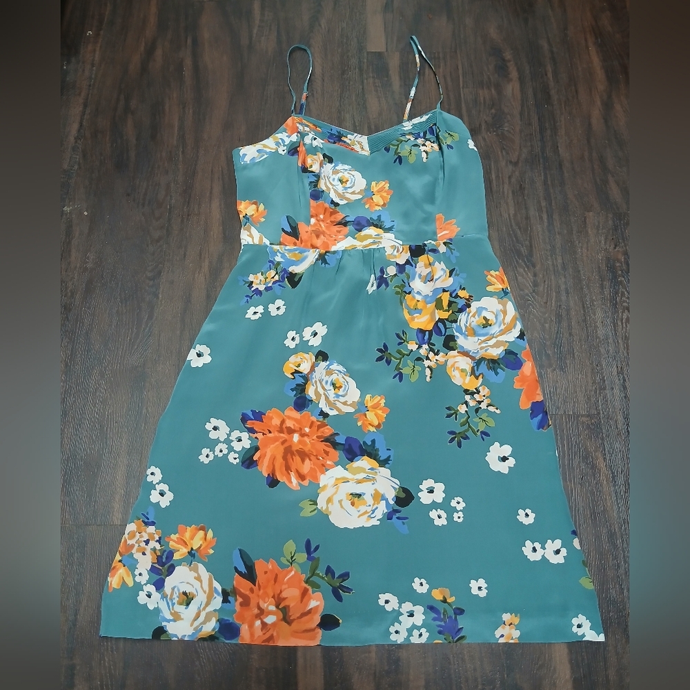 Moulinette Soeurs Teal Floral Mini Dress with Orange & White Blooms